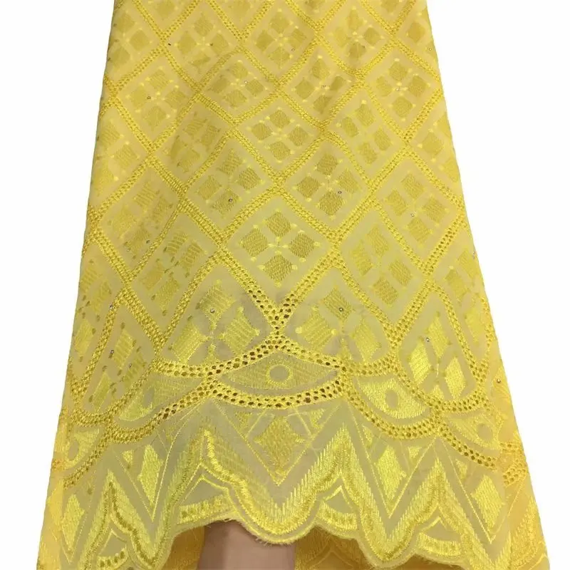 Желтый Чистый хлопок дизайн швейцарская вуаль кружева в Швейцарии с камнями