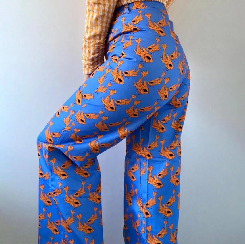 

High Waist Casual Pnats For Women 2021 Summer Printed Wide-leg Pants Female Loose Trousers p314