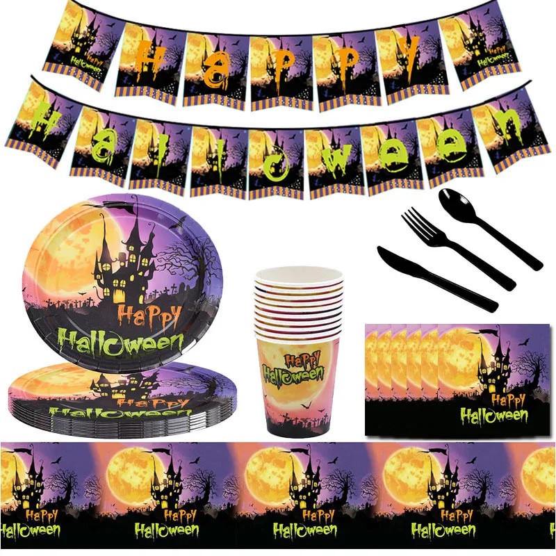 

Halloween Disposable Tablewares Set Tablecloth Straws Paper Plates Paper Cups Happy Halloween Door Flag Halloween Party Supplies