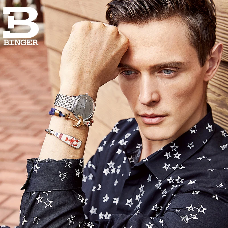 Швейцарский бренд BINGER Мужские часы с кожаным ремешком автоматические