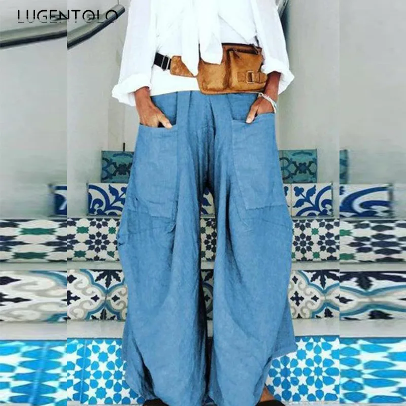 Lugentolo Woman Pants Fashion New Outdoor Sports Big Pocket Irregular Wide Leg Casual Wild Overalls S-5XL | Женская одежда