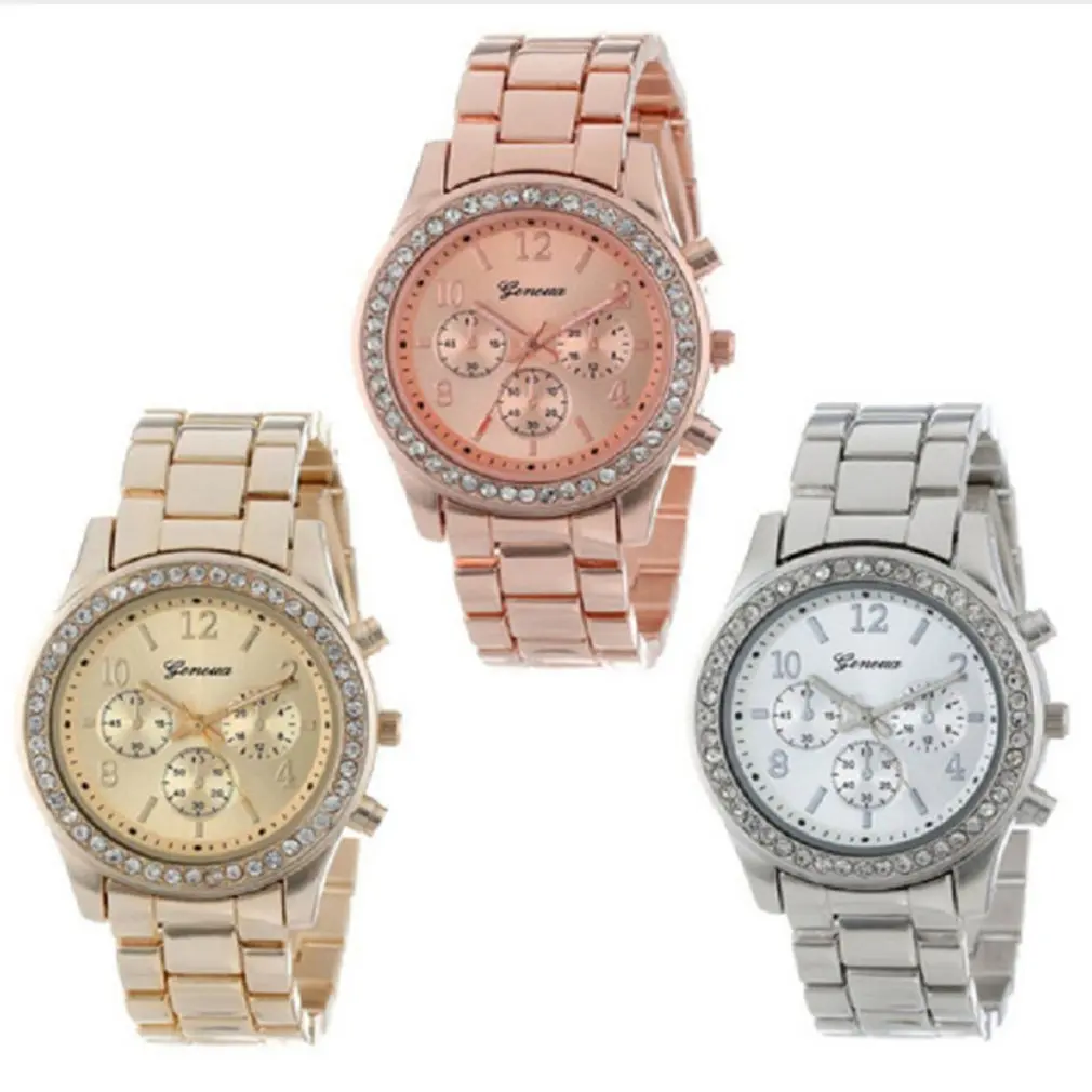New Trendy Women Crystal Quartz Watch Geneva Three-eye Diamond Luxury Stainless Steel Strap Round Dial | Наручные часы
