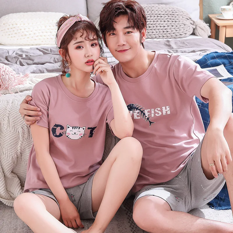 

2021 Couple Pajama Set Summer Pyjama Femme Male Cotton Short Sleeved Men And Women Sleepwear Stich Pijama Casual Lover Home Wear
