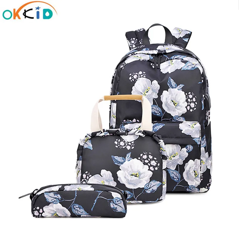 OKKID школьные сумки для ручка для девочек карандаш мешок еды Набор Дети цветок школьная сумка Дети Цветочные школьный рюкзак ребенок Рождест...
