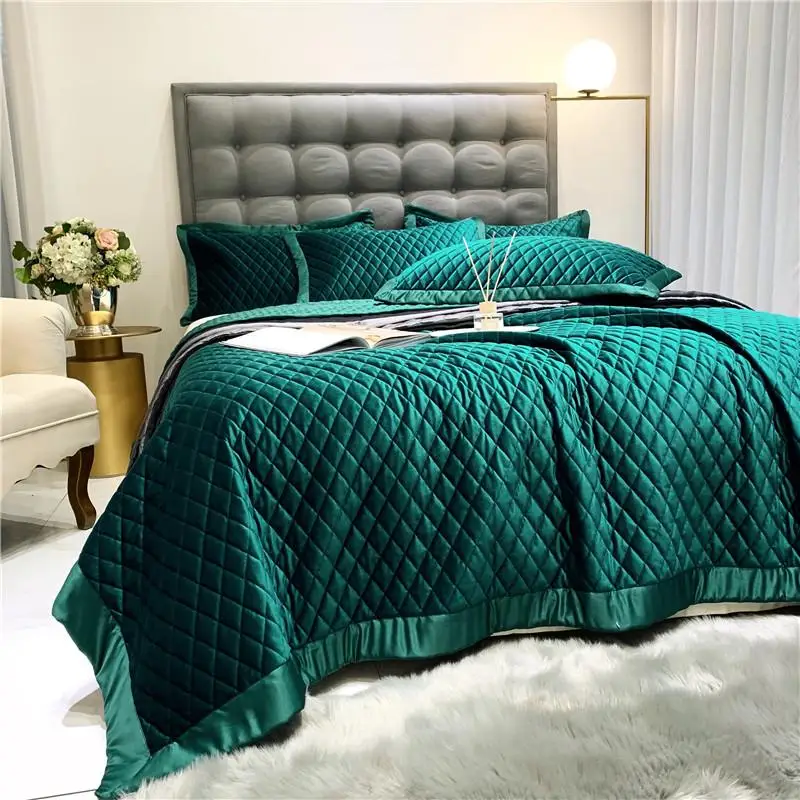 Роскошное мягкое шелковое бархатное флисовое стеганое покрывало зеленого
