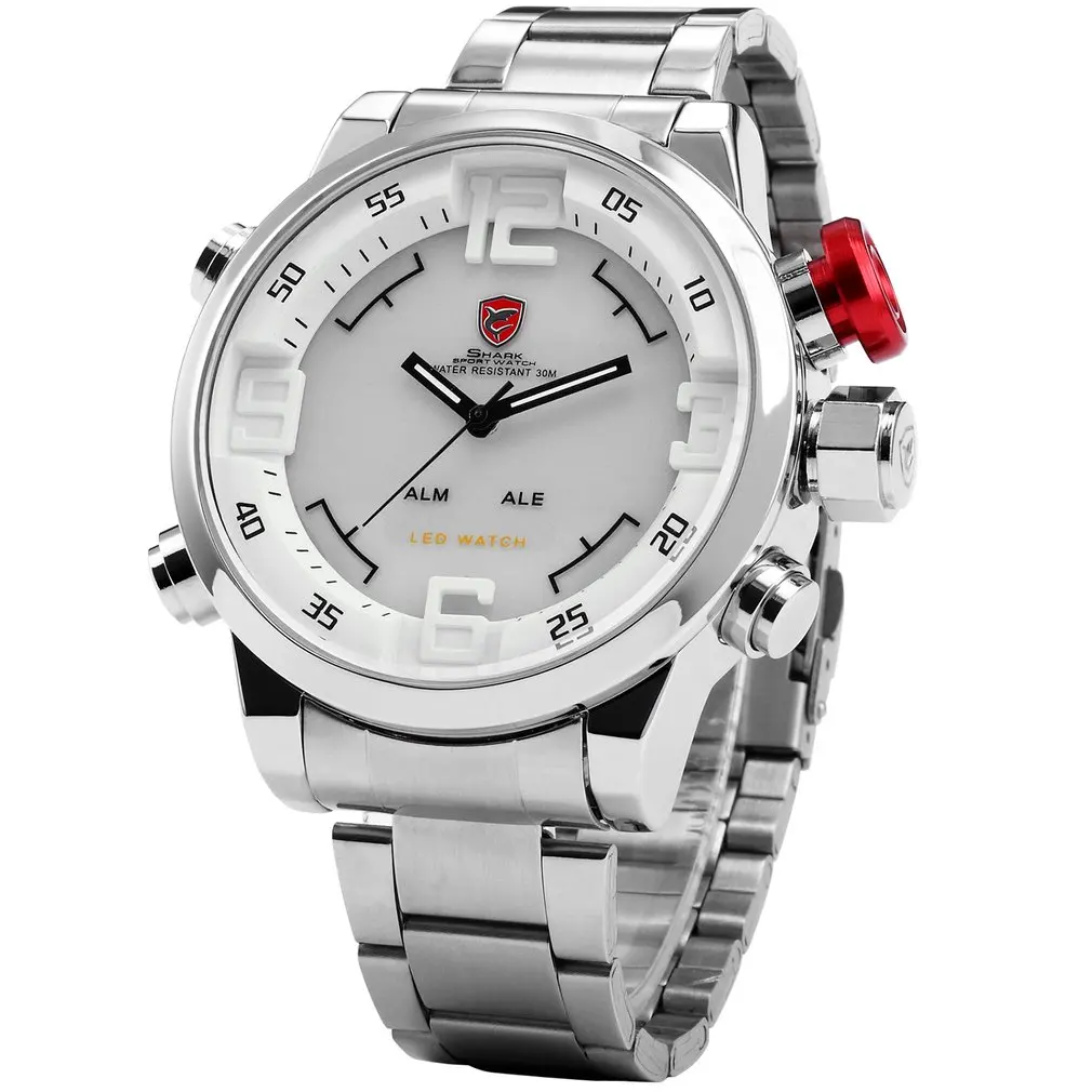 White WT4146802 Роскошная Коробка Бренд Акула Часы Мужчины в Стили Армия 6 Цветов Часовые Поясы Нержавеющая Стиль Модные Цифровые Кварцевые Водонепроницаемые Военные Спортивные Мужские Наручные Часы/SH103-SH108 - Цвет: White WT4146802