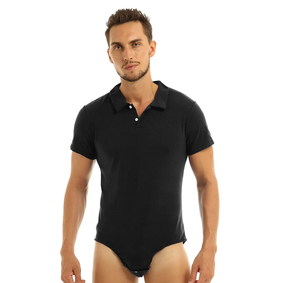 Mens Lingerie Diaper Lover Bodysuit Short Sleeve Snap Crotch High Cut Shirt Thong Leotard Romper Adult Babies Snappies Pajamas