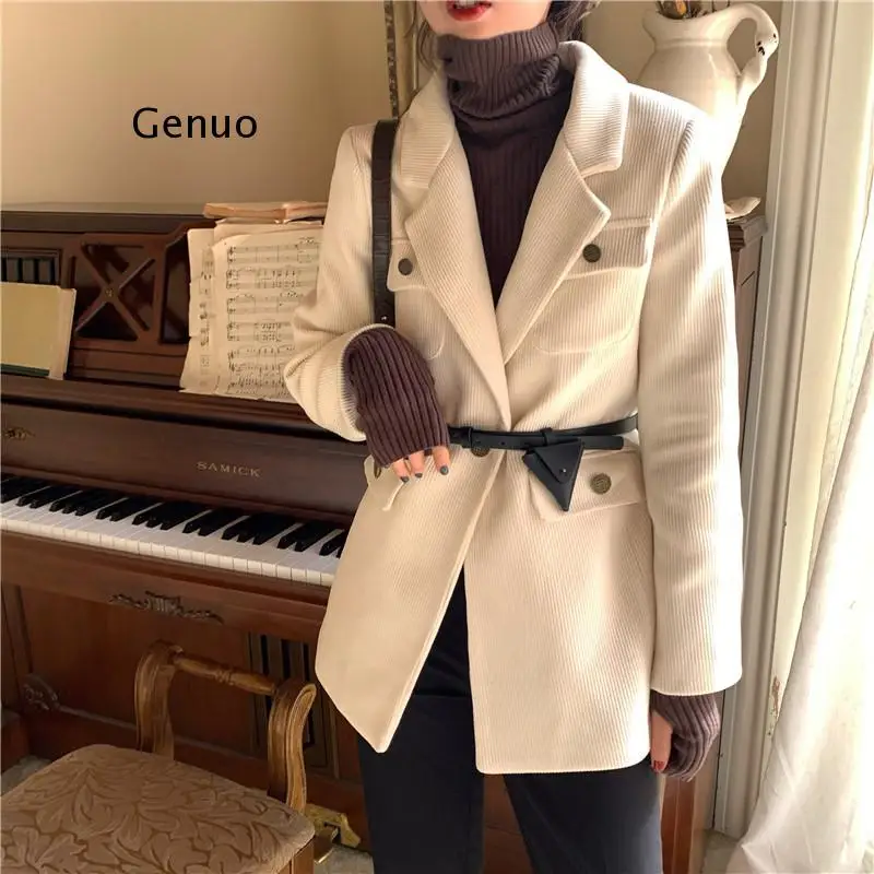 

Vintage Women Corduroy Blazer jacket with belt Spring Slim Office lady Jacket blazers Female Outerwear