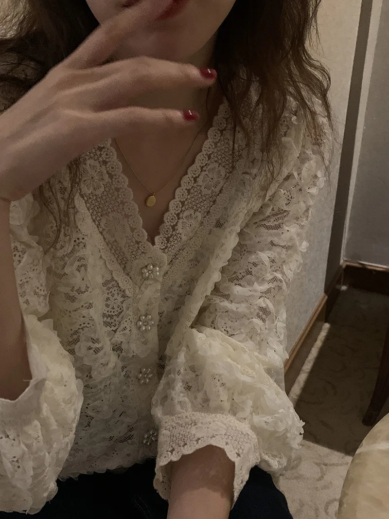 Женская кружевная блузка элегантная винтажная рубашка с длинным рукавом и