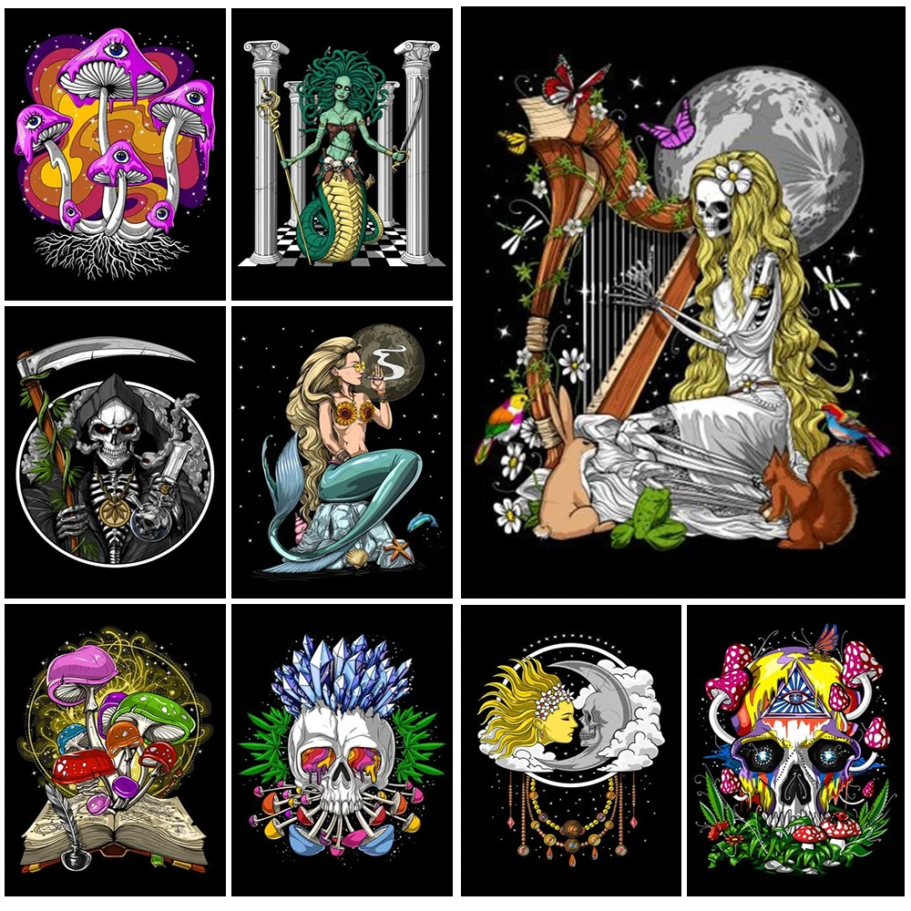 

Fantasy Skeleton Moon Mermaid Mushroom Wall Art Canvas Painting Home Decor Posters and Prints Wall Pictures For Living Room