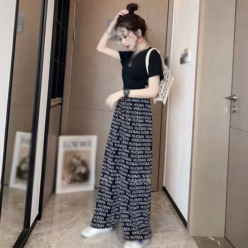 

Women's Ins Style Letter Print Pants Elastic Waist Loose Casual Wide Leg Spring Pantalones Z