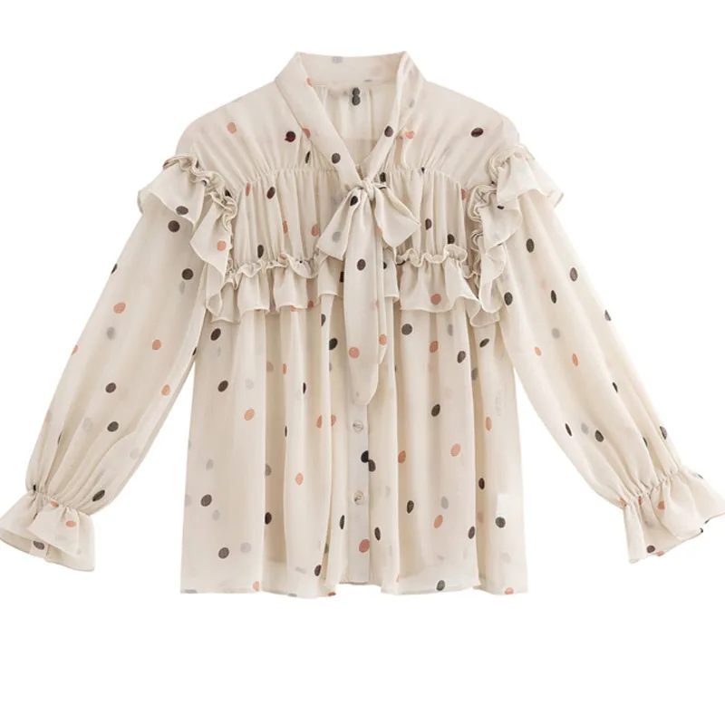 

Blusas Mujer De Moda 2020 V-Neck Bow Sweet Polka Dot Rufflet Flare Long Sleeve Chiffon Shirt Womens Tops and Blouses 5157 50
