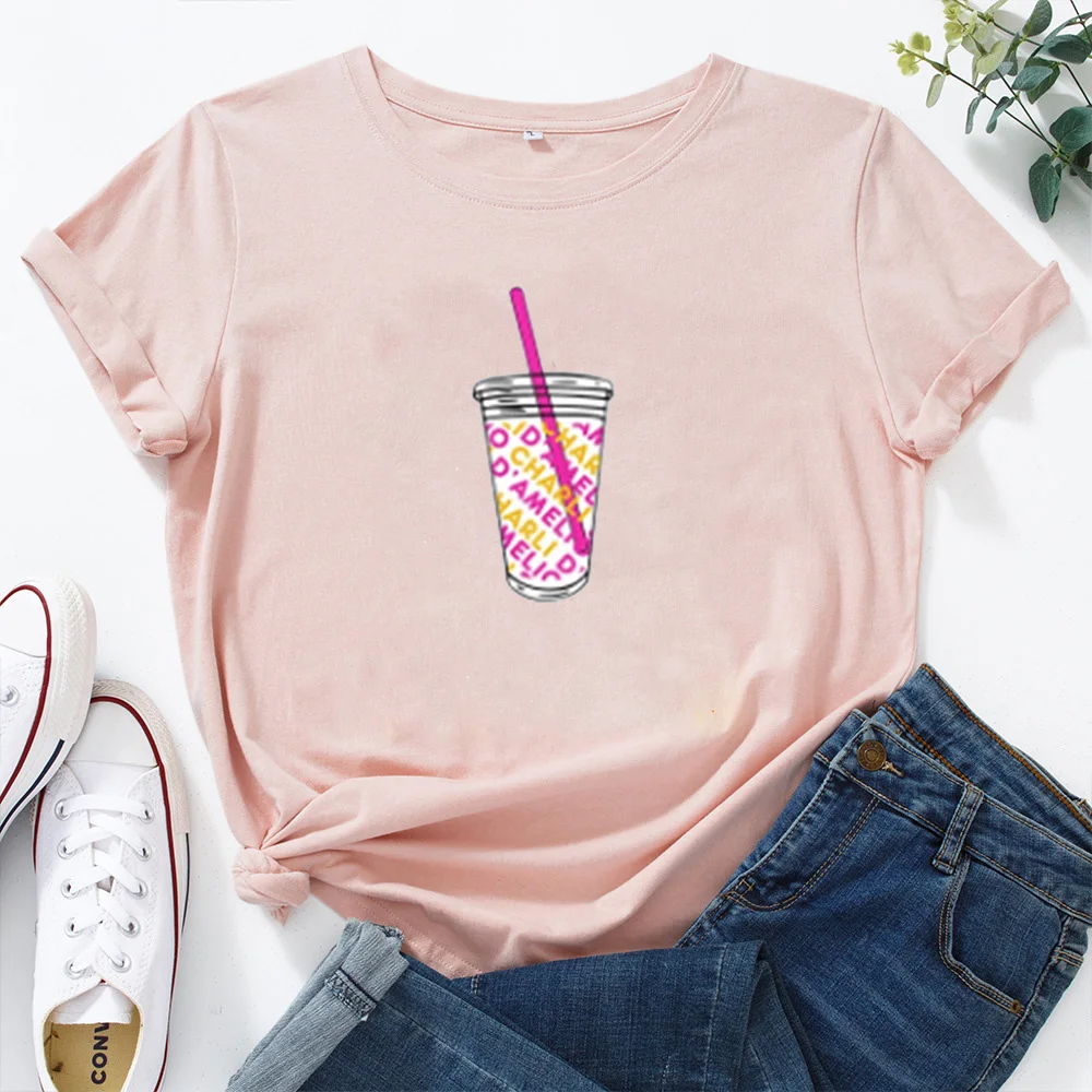 

Cartoon Cup Pattern Funny T Shirts Women O-Neck Short Sleeves Pattern Womens Tshirt Tops Fashion Casual Cotton T-shirt Femme