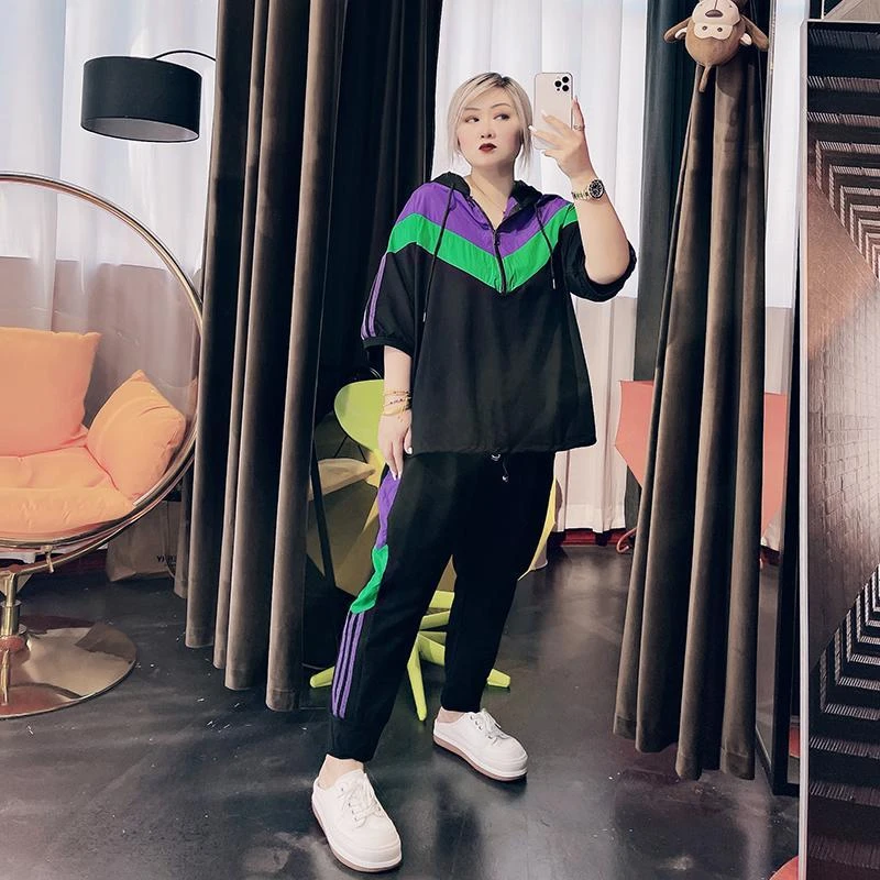 

Women's 2 Two Piece Set 2021 Summer New Slim Fashion Short Sleeve Hooded Sweater Leisure Sweat Suit Plus Size Clothing For Women