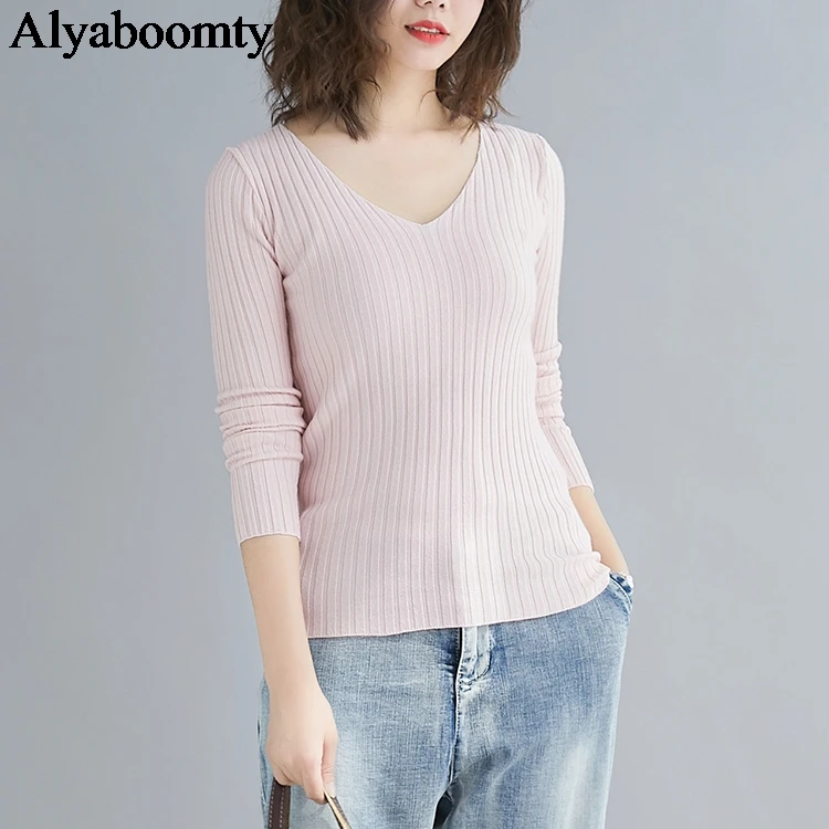 Корейский стиль осень зима женский свитер с v-образным вырезом черный серый