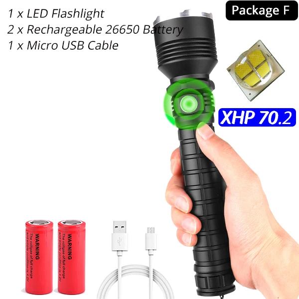 Option F Мощный светодиодный фонарь XHP70.2, водонепроницаемый светодиодный фонарь с поддержкой зума, 3 режима освещения, питание от аккумулятора 18650 или 26650 для улицы - Испускаемый цвет: Option F