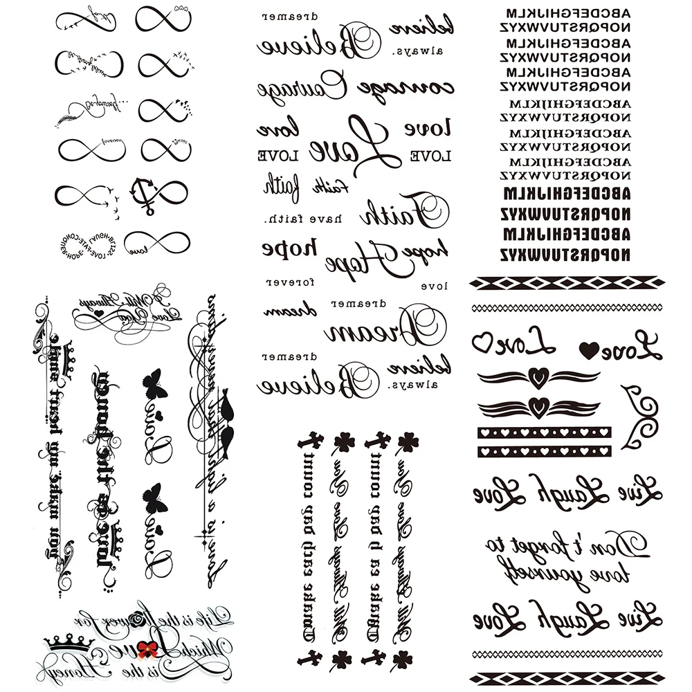 

Временные татуировки для женщин, детей, девочек, черные бесконечные буквы, наклейки для татуировок, минималистичные шпажки, листы для татуи...