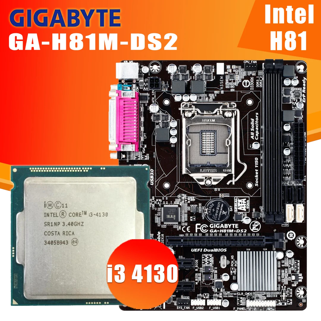 

LGA 1150 GA-H81M-DS2 Motherboard + CPU i3 4130 Motherboard Set 16GB Intel H81 3MB 3.4GHz Desktop H81 Placa-Mãe 1150 Used