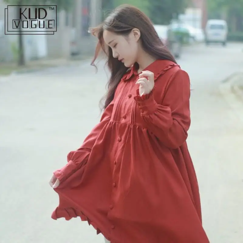 Японское платье в стиле Mori Girl, винтажное платье в стиле Лолиты, рукав-лепесток, пуговица, для женщин, кавайное ТРАПЕЦИЕВИДНОЕ ПЛАТЬЕ с оборками, розовое милое свободное платье феи