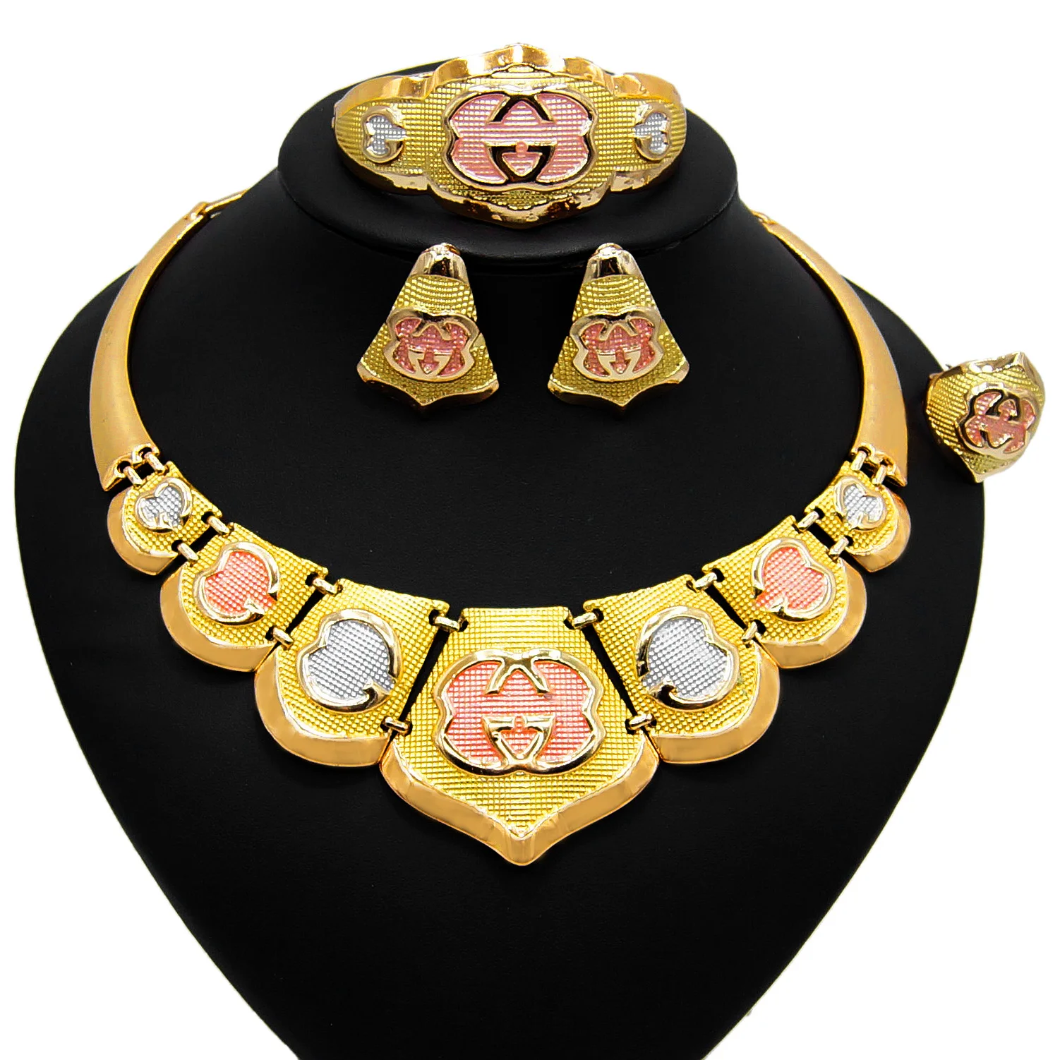 

Yulaili New High Quality Charm Rose Gold Three Tone Necklace Earrings Ring Bracelet for Women Party Jewelry Sets Free Shipping