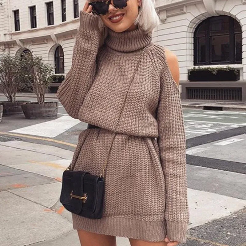 

Autumn Winter Turtleneck Knitted Sweater Dress Women Sexy Off Shoulder Solid Slim Long Pullovers Oversized Knitting Jumper Dress