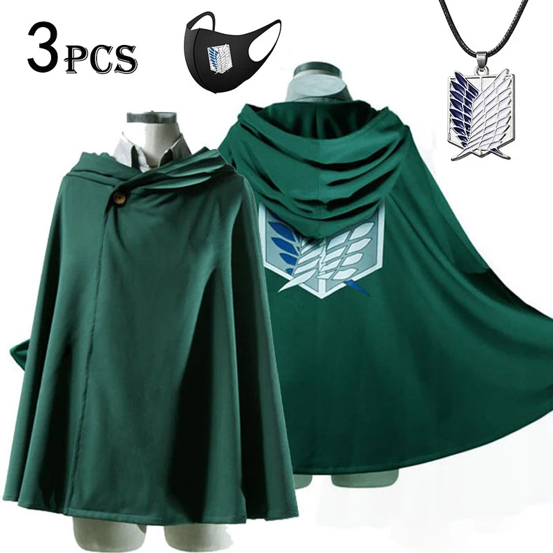 

Anime Attack on Titan Levi Ackerman The Scouting Legion Wings of Liberty Cosplay Green Black Cloak Necklace Props Hooded Cape
