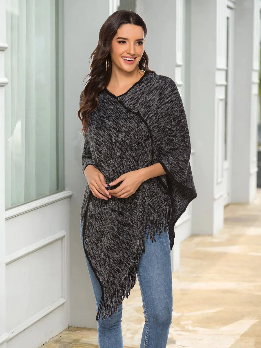 Women Black Knitted Capes Sweater Tassel Pullovers Spring Autumn Female Ponchos Pullover Streetwear Ladies Outerwear VKSW1026 | Женская