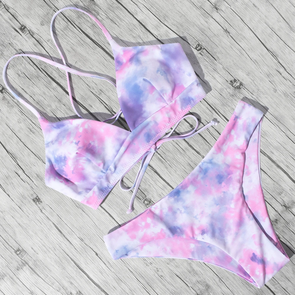 Купальник бикини с галстуком краской женский купальник высокой талией цветочным