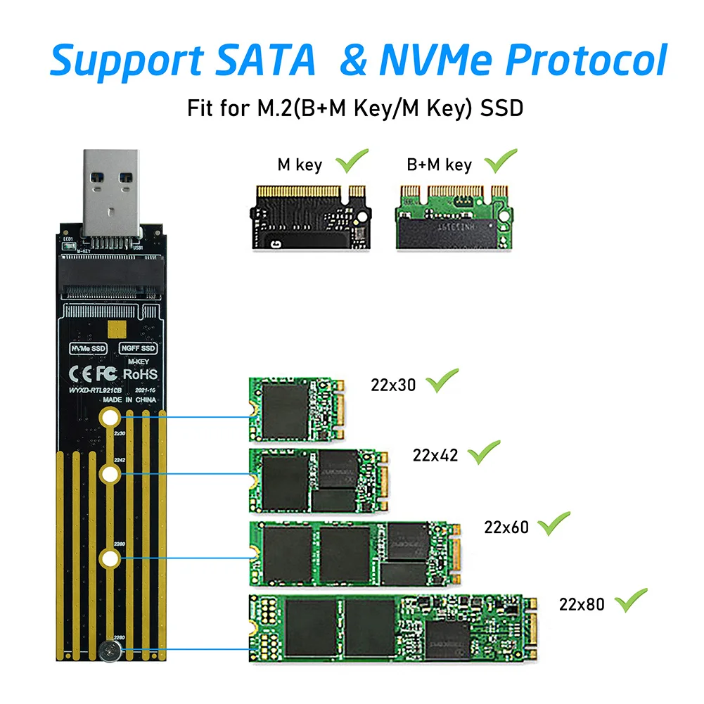 

M.2 NVMe SSD to USB 3.1 Adapter PCI-E to USB-A 3.0 Internal Converter Card for NVME PCIE NGFF SATA M/B Key 2230/2242/2260/2280