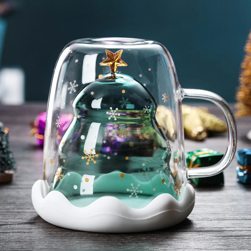 

300 / 400 / 500ml Christmas Tree Double Glass Heat Resistant Milk Cup Coffee Cup Christmas Gift Decorative Cup With Cover