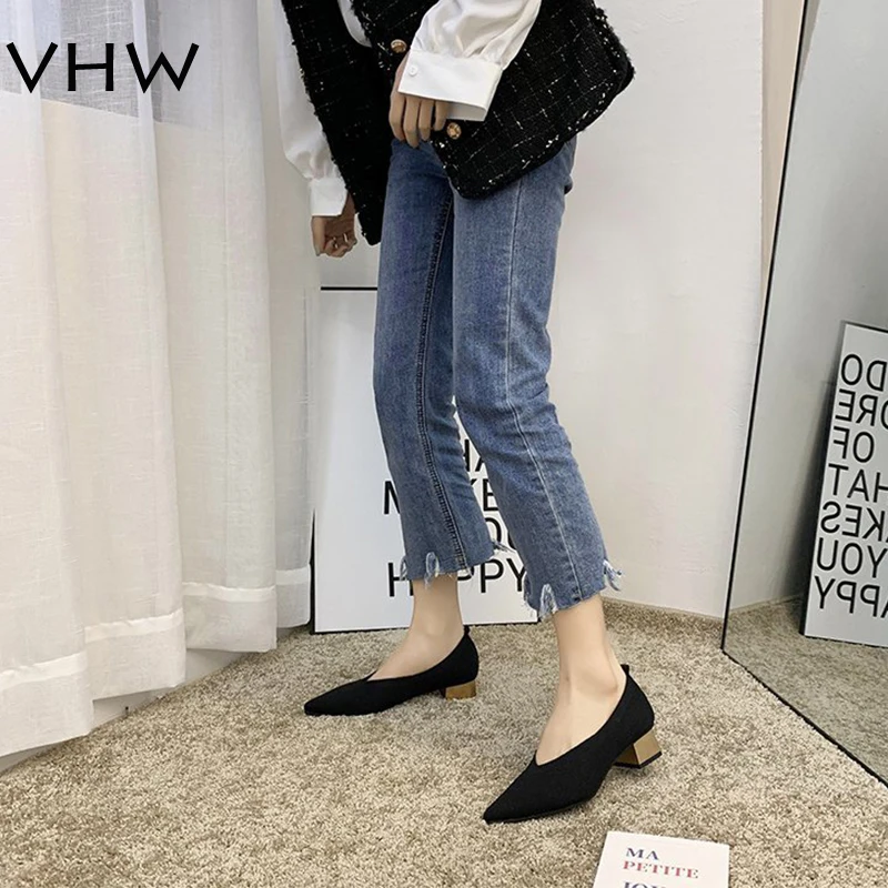 

Women Pumps Fashion Stretchy Knited Fabric Shoes Pointed Toe Mid Heeled Slip On Spring Autumn Lady Office Casual Shoes