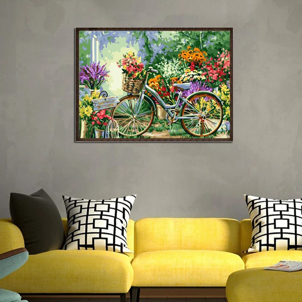 Картина с цветком велосипеда DIY украшение на стену живопись маслом по номерам