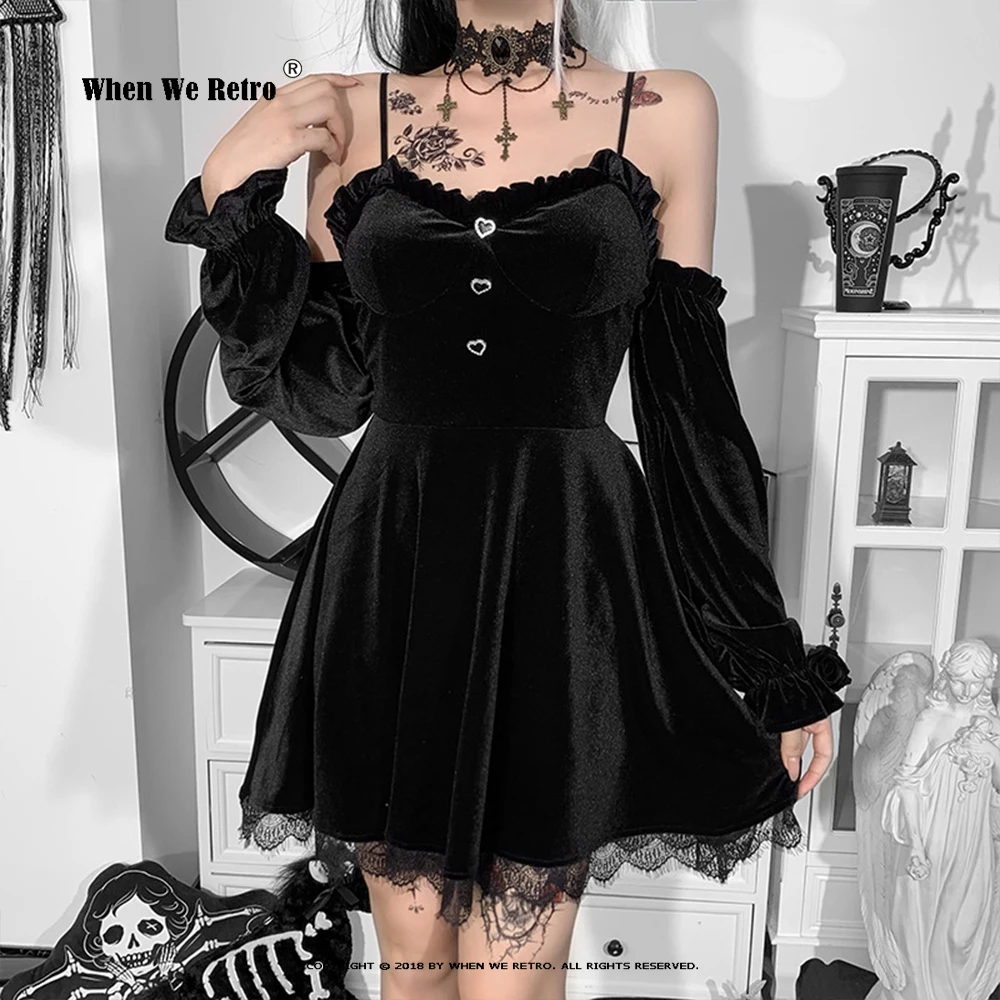 

Women Spaghetti Strap Sexy Black Dress VD2697 Velvet Mini Length Short Lace Gothic Dresses
