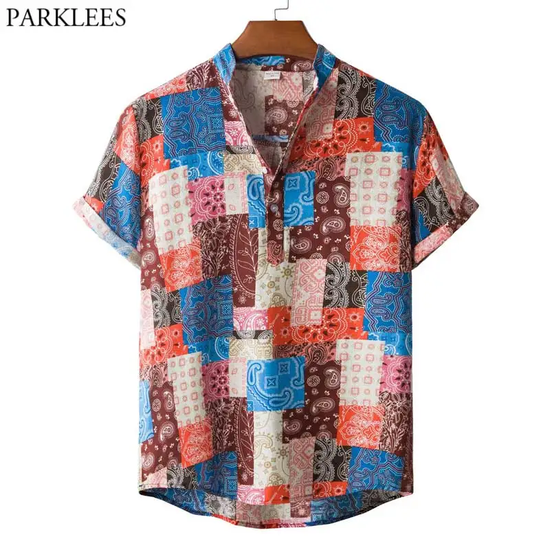 

Men's African Tribal Floral Print Hawaiian Shirt Fashion Short Sleeve Henley Neck Top Shirt Casual Holiday Party Beach Wear Pink