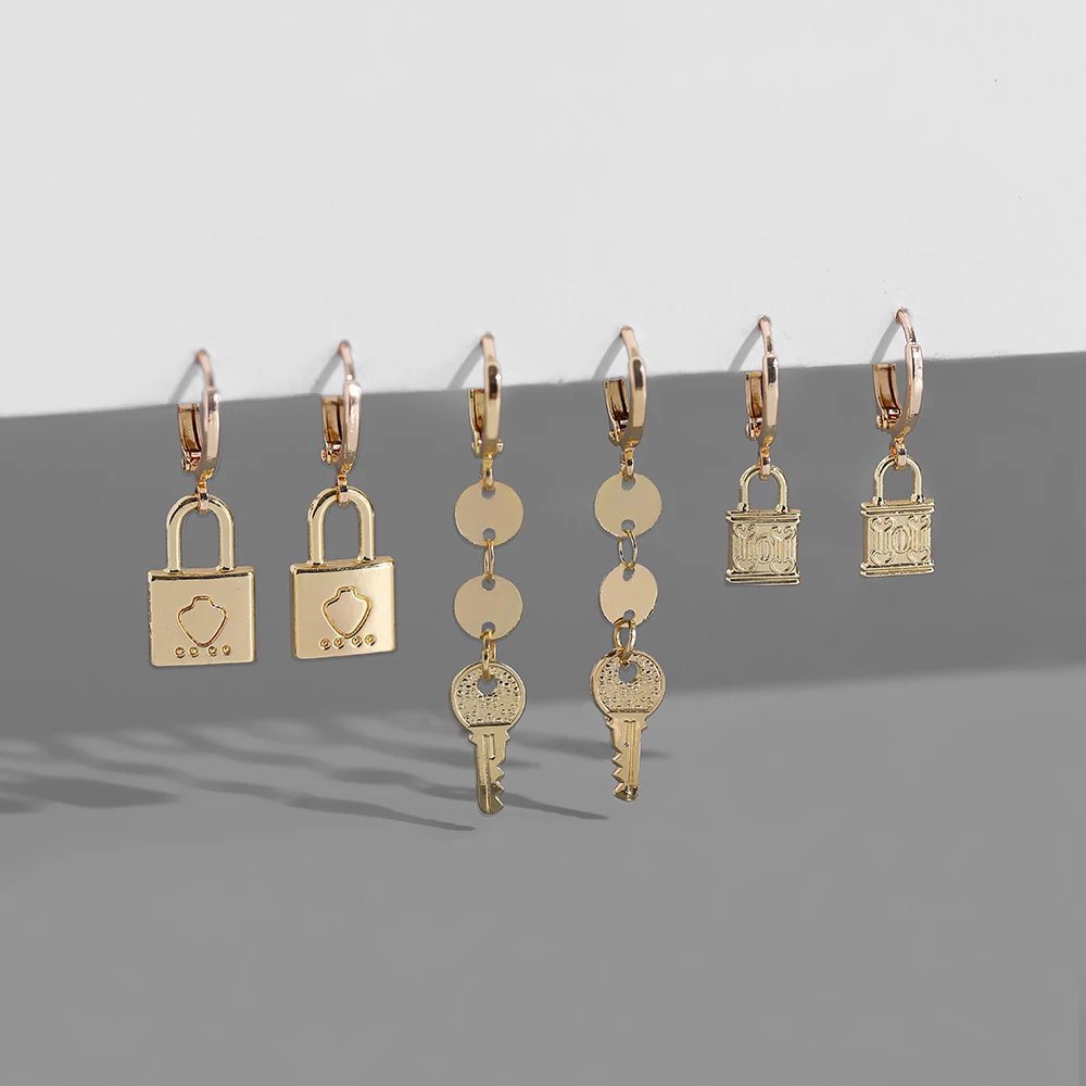 

2021 Fashion Gold Color Star Moon Dangle Earrings Set for Women Geometric Portrait Coin Heart Lock Drop Earrings Party Jewelry