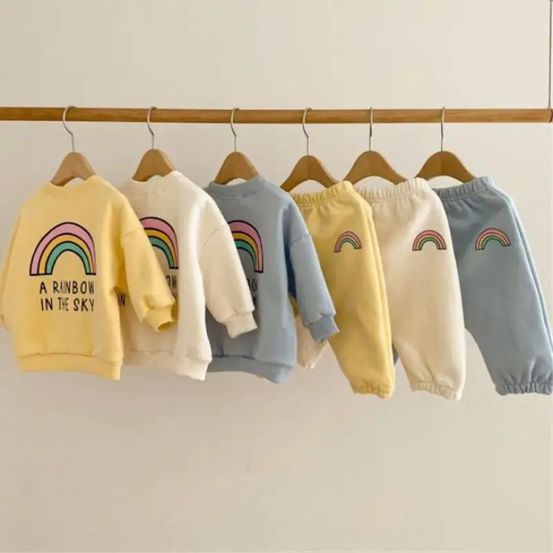 

2023 Baby Boys Girls Clothes Set Toddler Kids Children Outfits Rainbow Print Long Sleeve Sweatshirt Tops + Casual Pant Suit 2pcs