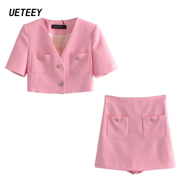 

Women's Two Piece Sets Cropped Top Suit Pink Blazers Office Ladies Solid Single-Breasted Short Sleeves Sweet Jacket Chic Coat Za