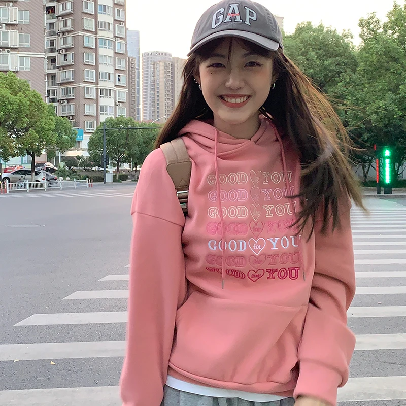 

2 colors 2020 autumn and winter loose Letter Embroidery long-sleeve pullover thick sweatshirt womens warm hoodies womens (C2920)