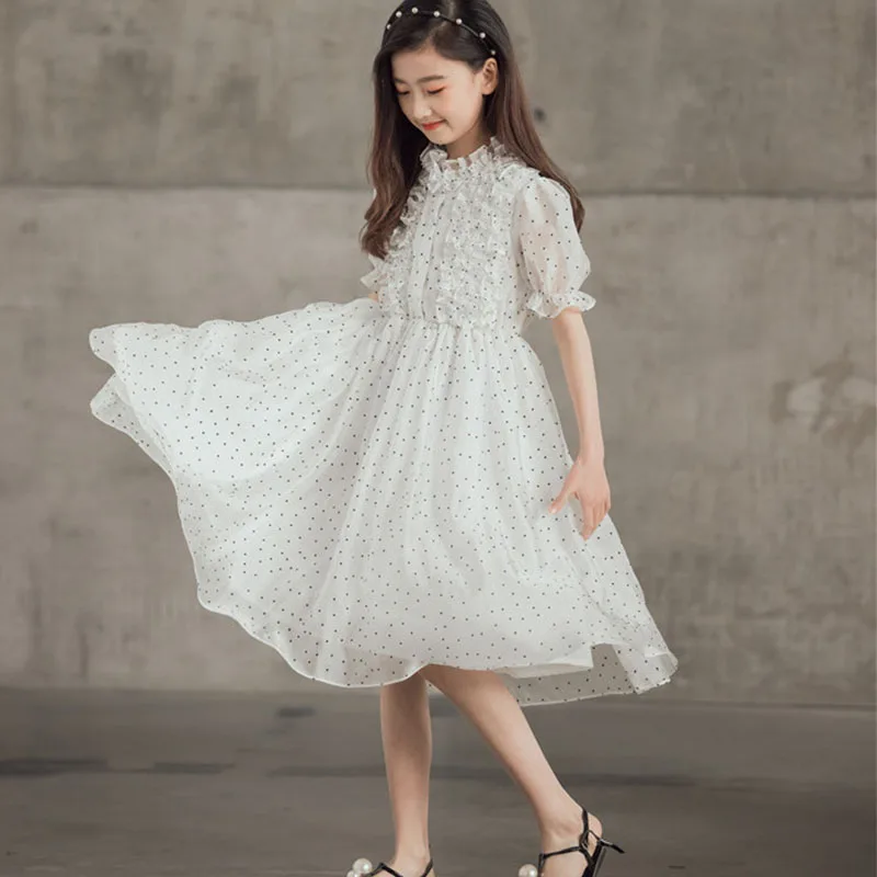 

White Mesh Dot Printing Princess Dresses Children Petal Sleeve Party Wedding Dress Little Big Girls Ruffle Clothing 5-17 Years