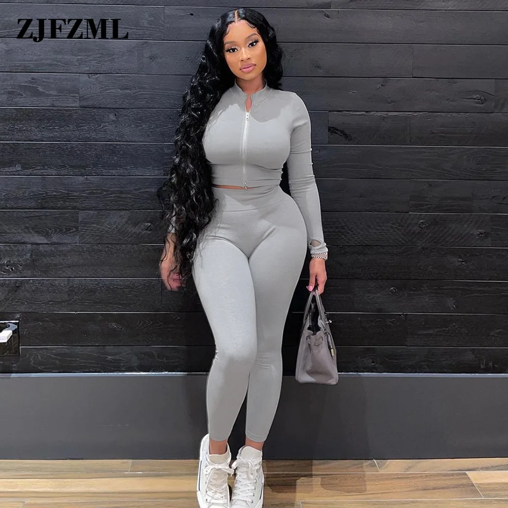 

Black Grey Women Fitness Two Piece Pant Suits Active Wear Zipper Up Long Sleeve Slim Tops and High Waist Sheath Stretchy Legging