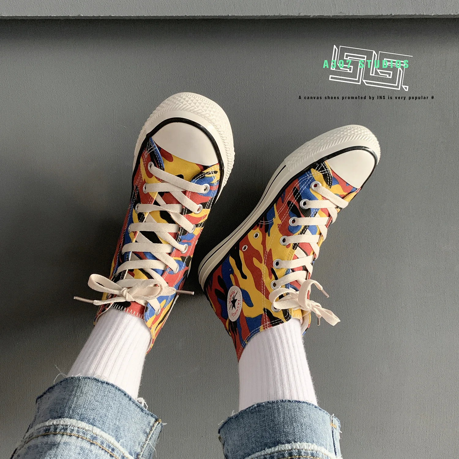 

High Top Men's Canvas shoes Camouflage All-match Vulcanize Sneakers Spring Korean-Style Classic Skateboarding Flat Shoes