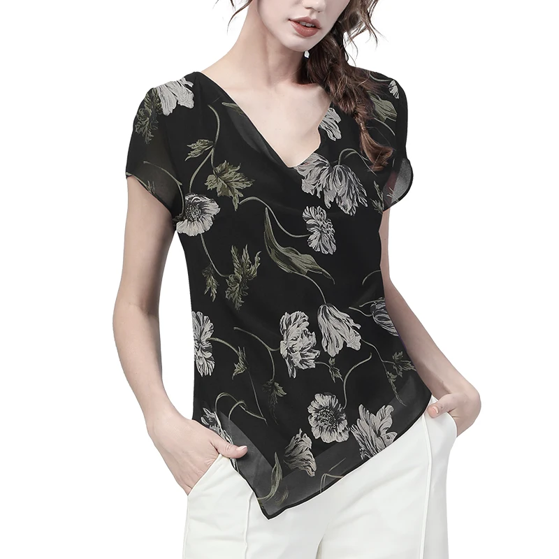 

Fashion Swing Collar Chiffon Tops Women Floral Printing Short Sleeve Summer Blouses Loose Irregular Length Casual Office Shirts