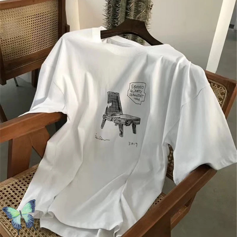 

2021SS готовая футболка для мужчин и женщин 1:1 Высококачественная готовая футболка эскиз стул печать одежда для покупок