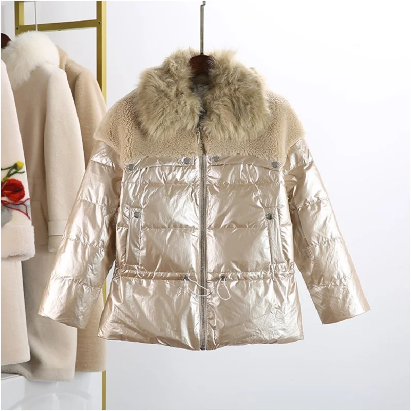 

2021 new product winter fashion splicing grain wool short down jacket, shiny and wash-free down jacket