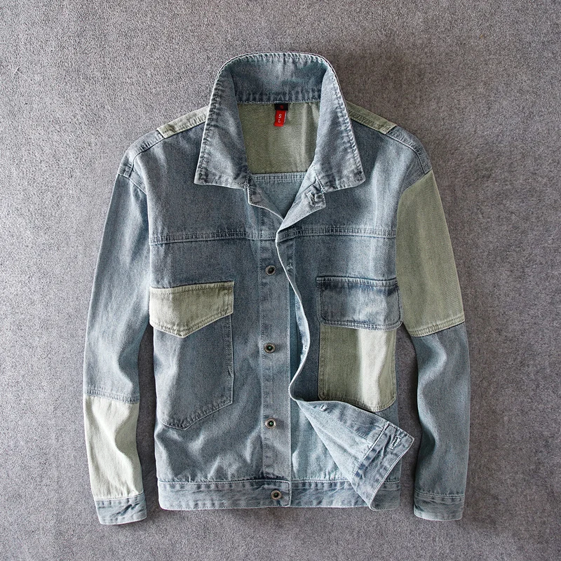 Мужская джинсовая куртка повседневная хлопковая в стиле хип хоп с соединением