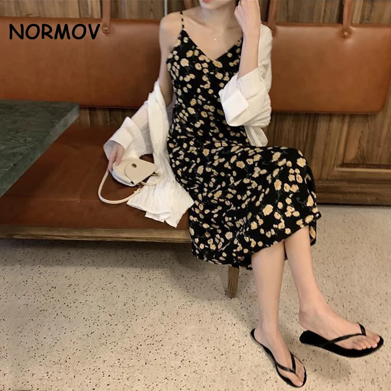 

NORMOV 2021 New Autumn Black Chic Print Floral Loose V-Neck Lace Up Sweet Gentle All-Match Casual Cute Girls Women Fresh Dresses