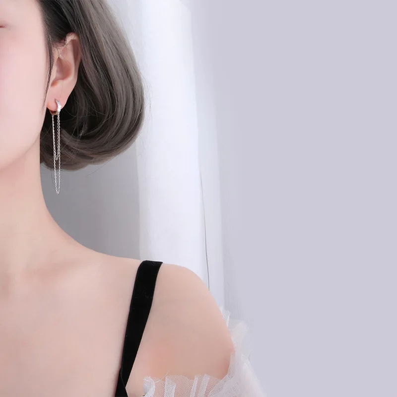 925 sterling silver earring Fashion zircon Long Tassel Chain Earring temperament exaggeration women girl ear jewelry | Украшения и