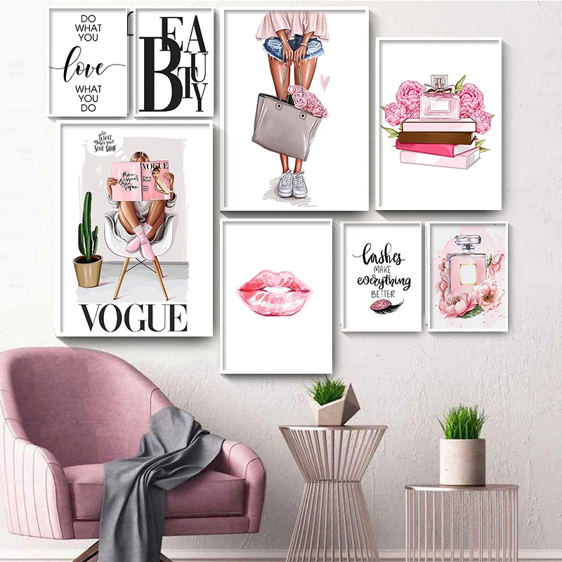 

Modern Fashion Girl Wall Art Canvas Painting Lashes Lips Nordic Posters And Prints Perfume Books Pictures Salon Beauty Decor