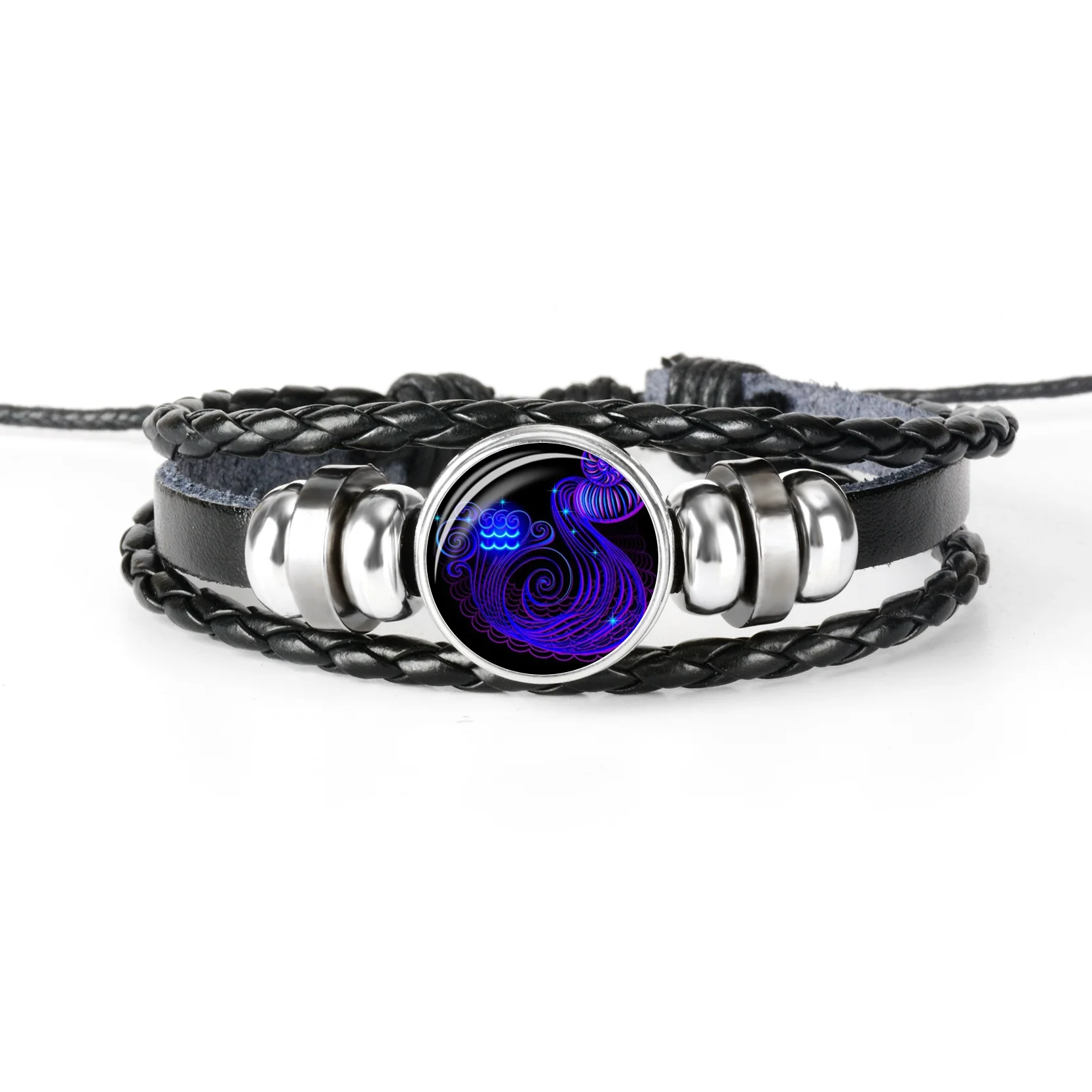 Aquarius 12 Созвездие зодиака знак Черная Плетеная кожа браслет Leo Cancer Virgo Libra Тканые Стеклянные купольные украшения панк мужской браслет 88 - Окраска металла: Aquarius