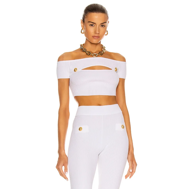 

Women Bandage Set 2021 Summer Fashion One Shoulder Hollow Top High Waist Five Point Pants White Bodycon Two Piece Set